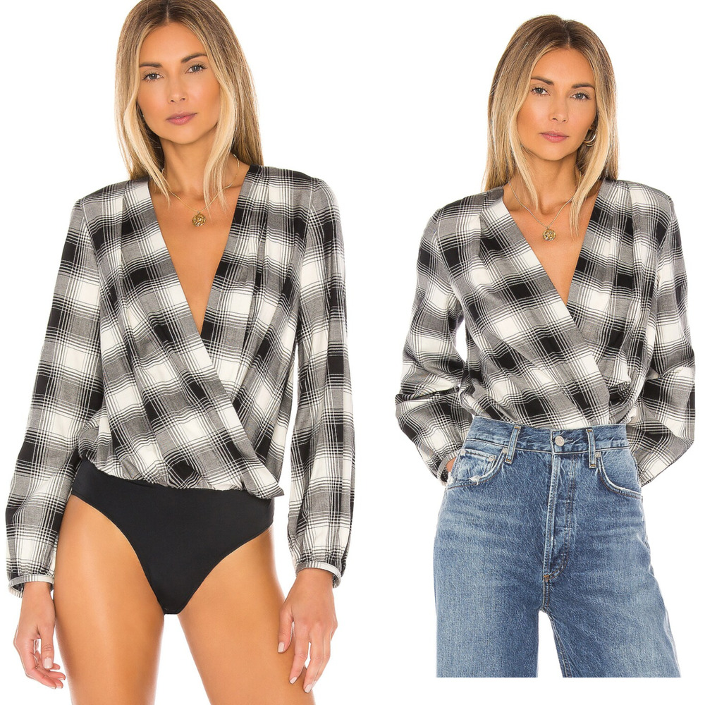 Amanda Uprichard Women's Crossover Bodysuit Blouse Portland Plaid grey sz M